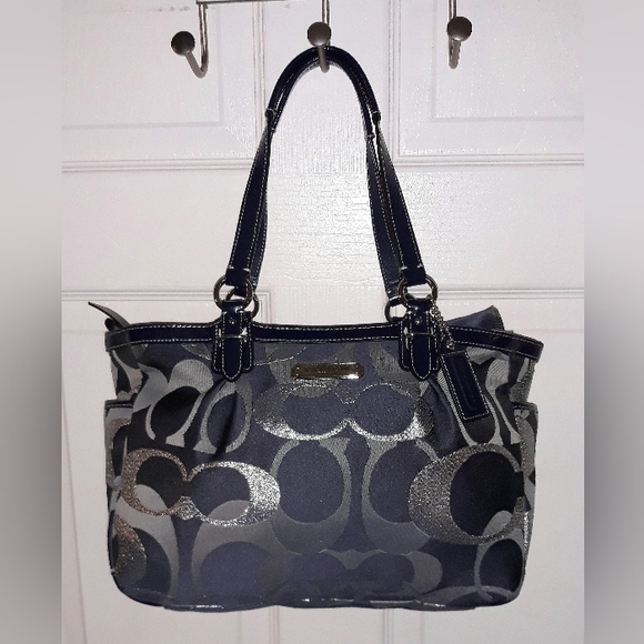 Coach Blue/Grey Optic Signature Jacquard and Patent Leather Tote - Picture 3 of 14